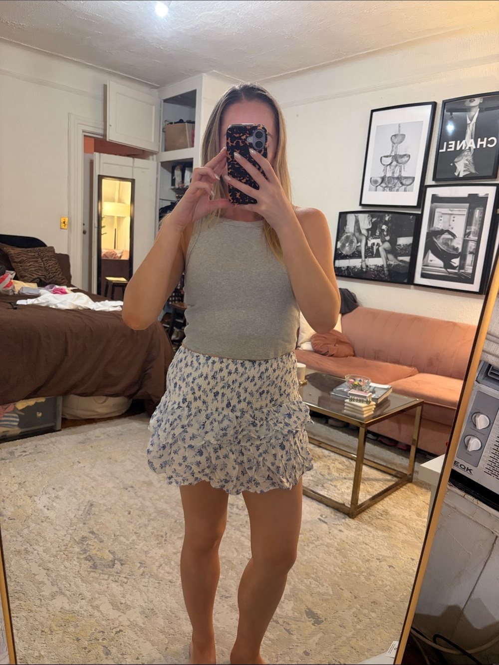 Floral Ruffle Mini Skirt - White with Blue Floral
